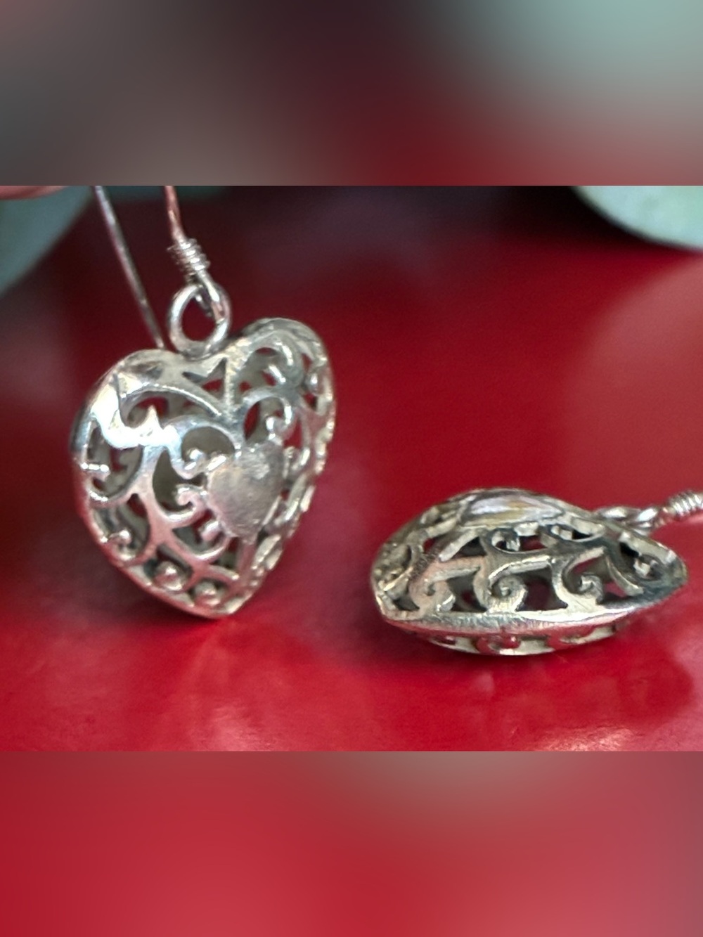 925 Silver Earrings,Heart Filigree Drop Earrings - Silver Heart Dangles - Picture 6 of 6